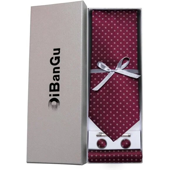 🆕Men Purple Plaid Silk Checkered Necktie Pocket Square Cufflinks Tie Clip Set